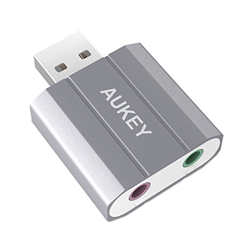 AUKEY Externe Soundkarte USB auf 3.5mm Audio Jack Stereo Sound Adapter für Windows / Mac / Linux Externe Audio Quelle mit Mikrofon ( Space Grau )