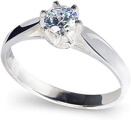 Sterling Silver 6-Claw Solitaire Engagement Ring with Diamond Cut Cubic Zirconia (5mm diameter). Available in all sizes between G and Z+3