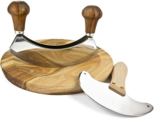 Glamalms Schneidebrett und Wiegemesser zweischneidig,22cm,im Alpen Style Akazien Holz ,GEÖLT Rustikal und Zauberhaft