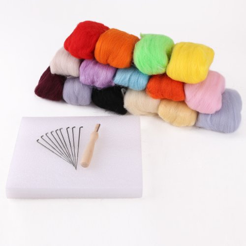 15 Farben Filzwolle & Filznadeln für trocken Filzen Trockenfilzen Nadelfilzen Nadelhalter Filznadelhalter Starterset Basteln DIY