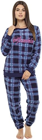 Ladies Foxbury Check Print Fleece Embroidered Pyjama Sleepwear Twosie Blue 16-18