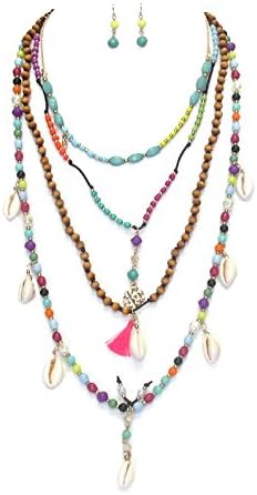 Shell Acrylic Crystal 4 Row Colourful Wooden Handmade Jewellery Ant Hony Boho Chic Ethnic Pearl Jewellery Set Necklace &amp; Earrings Set