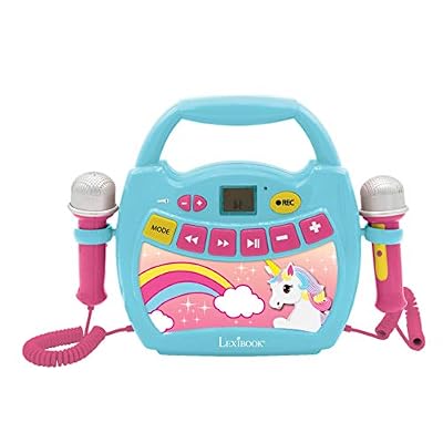 Lexibook- Licorne, Mon Premier Lecteur Musical karaoké avec micros, sans Fil, Fonctions Enregistrement et Changement de Voix, pour Enfant, Bleu/Rose, MP300UNIZ