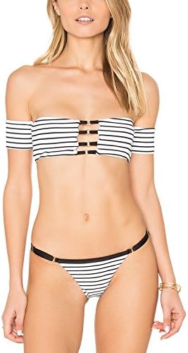 CIDEARY Women's Two Piece Swimear Black and White Stripe Swimsuit Bikini Set With Low Waist Bottom (M (UK 6-8), Black and White)