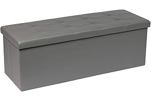 Bonlife Large Grey Faux Leather Ottoman Storage Bench,Toy Box Chest Foldable Seat Foot Stool,Bed End Bench Bedroom Furniture Hold Up to 300 kg 110x38x38cm