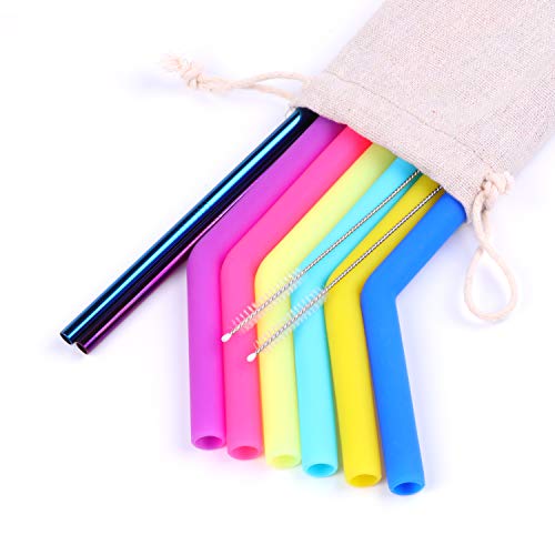 LATOW Pajitas Reutilizables, BPA Flexible Silicona Pajitas X6 + Acero Inoxidable Pajitas X2 + Cepillo de Limpieza X2, Extra Ancho Pajitas de Colores para Beber Seguridad Bebidas frías y Calientes
