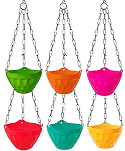 A2M Round Heera Plastic Flower Hanging Planter with Hook Chain for Home Gardener/Beautiful Round Gamla Pot/Garden Balcony/Kitchen Garden Set of 6 (Multicolor)