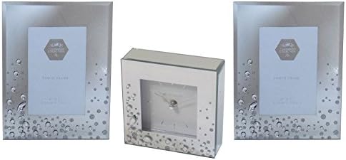 3 PIECE DIAMANTÉ GLITTER MIRRORED GLASS SILVER 4”X6” PHOTO FRAMES AND CLOCK SET