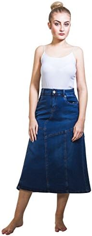 My Christy Stretch Denim Flared Midi Skirt Panelled Jean Skirt Mid-wash denim ZURI-12