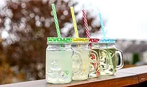 GLNRM Glass Frosty Jar with Handle/Mason Jar with Lid and Straw Multi Colored (PECK OF 4 PCS SET) (MULTICOLOR)