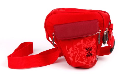 DURAGADGET Sac rouge motif fleurs pour Nikon Coolpix P610 et L840  Canon PowerShot SX410 IS et Pentax XG-1 appareils photo Bridge et petits accessoires   bandouli  re amovible