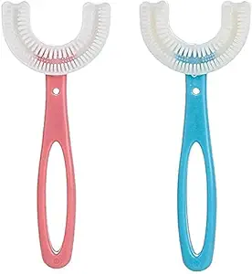 2Pcs Kids U- Shaped Toothbrush, Food Grade Soft Silicone Brush Head, 360? Manual Toothbrush Oral Cleaning Tools for Children Training ((Blue+Pink)for 6-12ages)