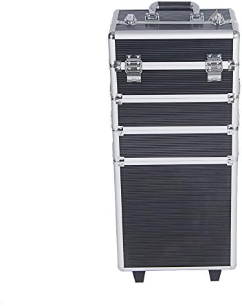 Cherryou 4 in 1 Large Aluminium Beauty Rolling Universal Multifunctional Trolley Trunk Vanity Cosmetic Case Professional Portable Travel Make up Cosmetic Box Bag (Black&amp;Silver)