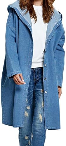 Doufine Womens Plus Size Vogue Hood Loose Longline Trench Coat Denim Jacket Light Blue OS