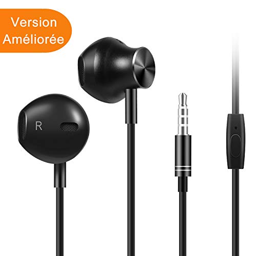 Écouteurs Intra-Auriculaires avec Micro, Casque de Musique pour iPhone, Samsung, Android, Jack 3.5mm Universel, Anti Bruit, Riche en Basses (Version améliorer) (Noir)