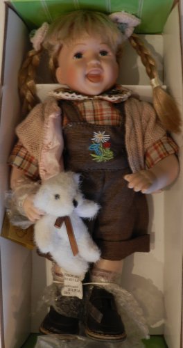 Preisvergleich Produktbild süße Porzellanpuppe mit Puppenständer und Teddy für Puppensammler und Liebhaber