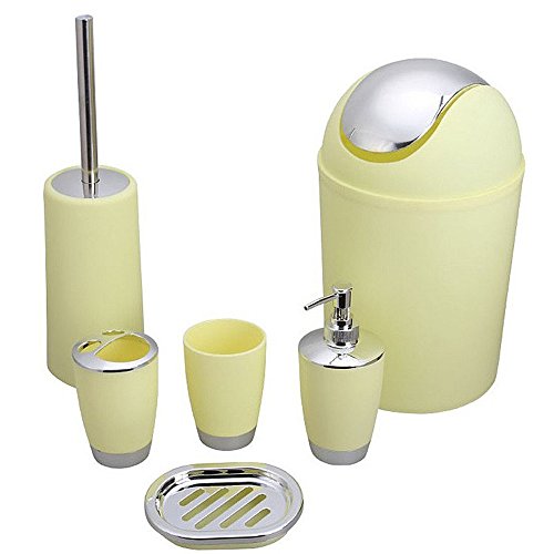 ihope 6 Stück Kunststoff Badezimmer Zubehör Sets, Zahnbürstenhalter, Seifenspender, Seifenschale, WC-Bürste und Halter, Mülleimer, Spülen Sie Tasse für Badezimmer geeignet beige
