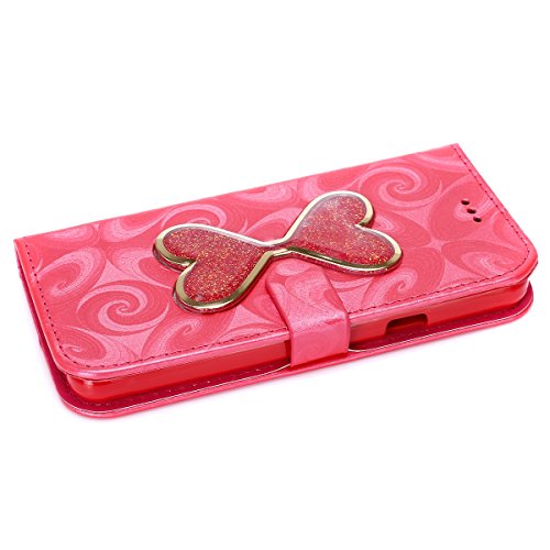 Etsue Leder Handyhülle für Samsung Galaxy A3(2016) Ledertasche Schutzhülle, Lusting Kreativ Shiny Glanz Sparkle Glitzer fließend Treibsand Liebe Herz Muster Elegant Luxus Leder Flip Case Wallet Tasche Cover Magnetverschluss Abdeckung Standfunktion Schutz Etui Schale für Samsung Galaxy A3(2016) + 1x Glitzer Staub Stecker + 1x Blau Eingabestift-Rose+Rot - 3