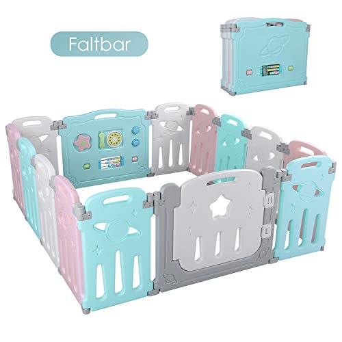 BAMNY Box Recinto per Bambini Barriera di Sicurezza Pieghevole con Porta Plastica Estensibile, 14 Pannelli (12+2, rosa + blu + stella)