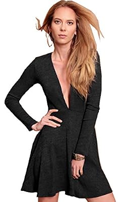 szivyshi Sexy Encolure Profonde Col En V à Décolleté Plongeant Manches Longues Knit Knitted Mini Courte A Line Une Ligne A-Ligne Patineuse Patineur Évasée Dress Robe Noir M
