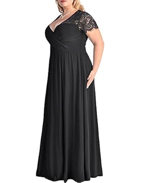 iShine Damen Spitze Splicing Große Größen Kleid Partykleider Cocktail Maxikleid V-Ausschnitt Halbarm Lange Abendkleid...