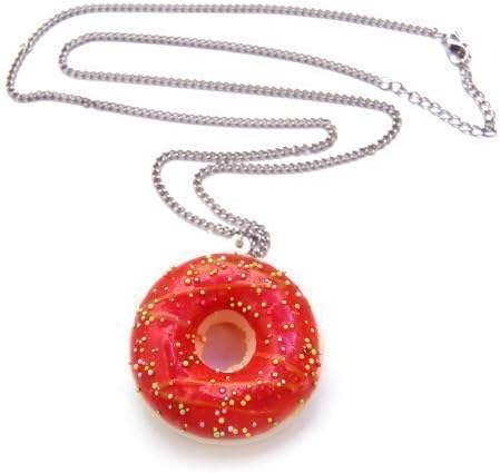 Donut with Frosting Glaze Necklace - Approximately 70 cm Long Chain - Doughnut Pendant Red Strawberry Love Beads