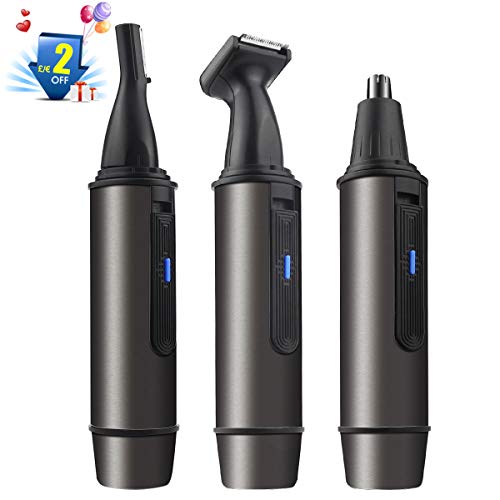 Nose Hair Trimmer, 3-in-1 Personal Waterproof Stainless Steel Nose, Eyebrow and Sideburn Trimmer, Battery Operated