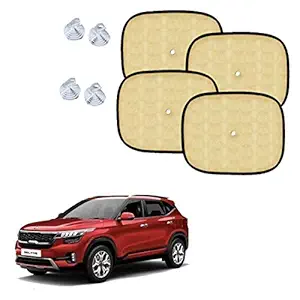 Universal Beige Cotton Fabric Car Window Sunshades with Vacuum Cups for Kia Seltos (Set of 4)