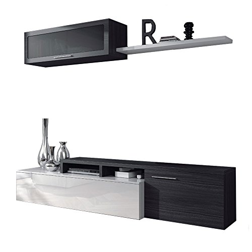 Habitdesign 016667G - Mueble de salón comedor moderno, medidas: 200x41/34x43 cm de alto (Blanco Brillo y Gris Ceniza)