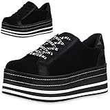  SCARPE VITA Damen Plateau Sneaker Glitzer Turnschuhe Schnürer Wildleder-Optik Schuhe Logo Print Freizeit Plateauschuhe 180132 Schwarz White 38