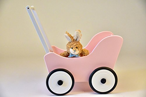 SchwabenKids® Puppenwagen rosa mit TEXTIL + Bremse Lauflernwagen Lauflernhilfe Holz Gehfrei Bremse Clip Räder Holzpuppenwagen - 2