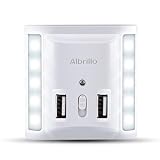Albrillo LED Nachtlicht Steckdose Orientierungslicht mit 2x Dual USB-Anschluss, Dämmerungssensor, 10 LEDs, 3 Modi, Dimmbar