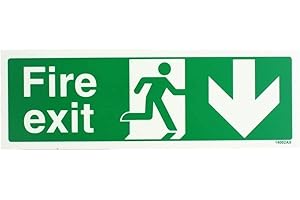 VSAFETY V Safety Glow In The Dark Fire Exit Arrow Down Sign - 300mm x 100mm - Rigid Plastic