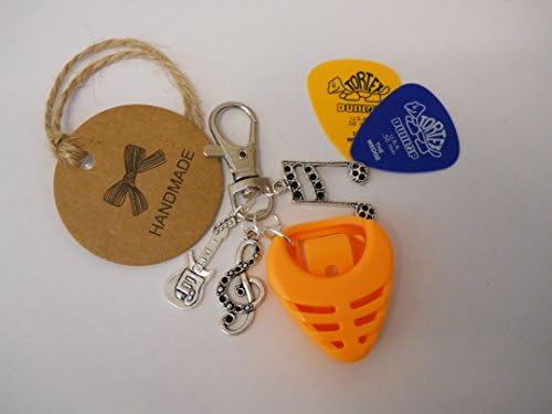 Handmade Orange Guitar Pick Holder Keyring With Music Charms. With Gift Box And Two Free Picks.