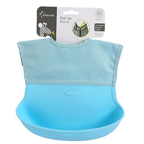 G2PLUS Silicone Baby Bibs Portable Toddler Bib Soft Food Catcher Feeding Pocket Foldable for Diaper Bags (Blue)