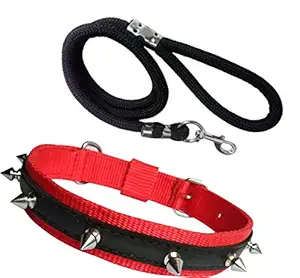 Adios Dog Belt Combo of Nylon Red Dog Spike Collar with Black Lead 1.5m Lengthy Dog Collar & Leash for Your Pet Dogs