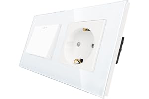 CNBINGO Schuko Steckdose mit Lichtschalter unterputz, Weiß Wandschalter mit Glasplatte, mit Leuchtstoffpunkten, 1-Fach, Wechselschalter