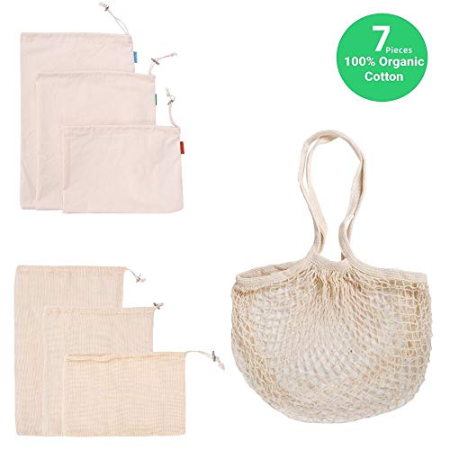 Mehrwegbeutel, 7 Stück, inkl. Bio-Baumwolle, Mullwindelbeutel und Einkaufshandtasche, umweltfreundlich, leicht, waschbar für Gemüse und Lebensmittel