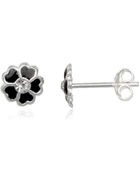 JAYARE Kinder-Ohrstecker Blume Blüte 925 Sterling Silber Emaille Glitzer-Kristalle 7 x 7 mm schwarz Ohrringe