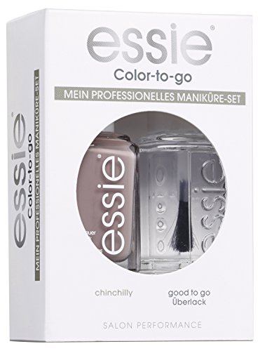 essie Nagellack Coffret Cremiges Granitgrau und glänzender Überlack Chinchilly Nr. 77 / Maniküreset ultra deckender Farblack in hellem Grau und transparenter Top Coat 2x 13,5 ml, Set