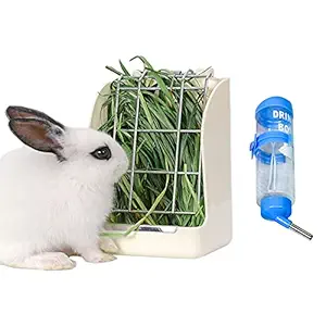 Rabbit Hay Feeders Rack,Bunny Water Bottles Dispenser,Hay Food Bin, 2 in 1 Feeder Bowls Double for Grass/Food for Small Animal Supplies Rabbit Chinchillas Guinea Pig Hamsters