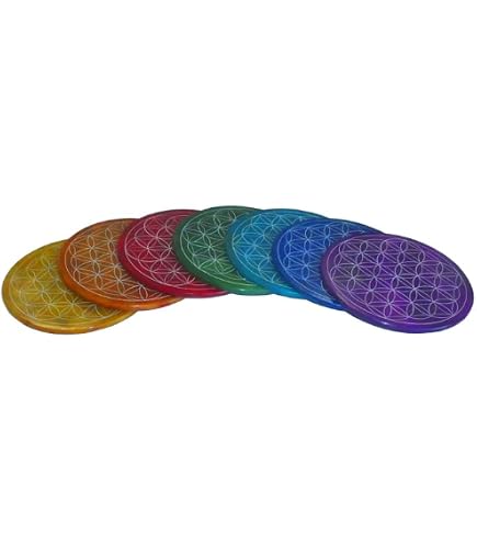 ADDIES 6er Set Glas-Untersetzer 'Blume Des Lebens' In Chakrenfarben – Mit Korkrücken & Geschenkbox