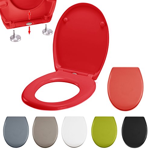 MSV WC Sitz Toilettendeckel Duroplast mit Absenkautomatik und auf Knopfdruck abnehmbar zur Reinigung in Rot – Easy Fix Clip System