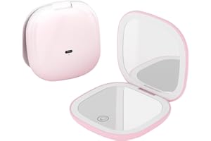 QUMOX Specchio Trucco 10X con Luce – Specchio da Viaggio Ricaricabile con LED, 3 Modalità di Luce, Touch Dimmerabile, USB-C – Rosa