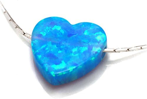 Synthetic Blue Opal Tiny Heart Necklace Charm Pendant with 18.9" 925 Sterling Silver Chain