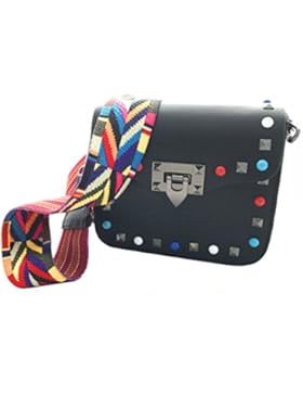 Crossbody-Tasche aus echtem Leder (100% Made in Italy) Schultertasche mit bunten Nieten und Guitar-Riemen in Schwarz