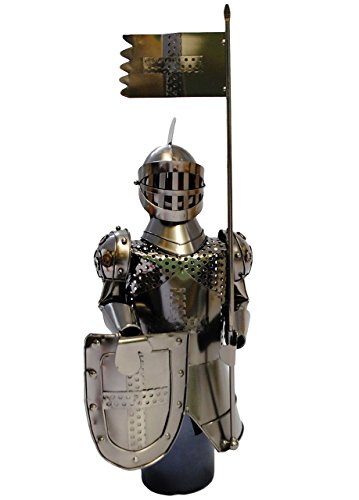 Flaschenhalter / Flaschenständer - " Ritter mit Schild & Fahne " - aus Metall - ideal für Wein, Sekt, Bier u.v.m. - Ritterburg Mittelalter - Weinflaschenhalter / Metallständer - Weine Flasche Wein Deko Figur - Weinhalter als Skulptur / Schraubenfigur Schraubenmännchen - Flaschen Bierhalter - Bierständer