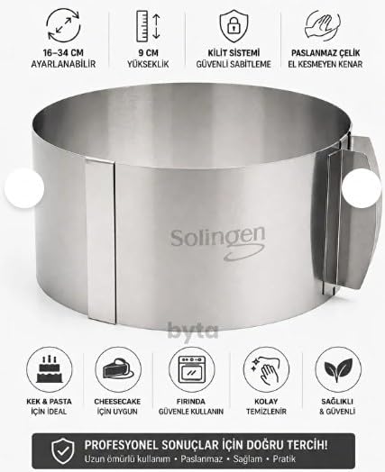 Solingen Paslanmaz Çelik Ayarlanabilir Kek Kalıbı 16-34 cm | Kilitli Sistem, 9 cm Yükseklik, Fırın ve Airfryer Uyumlu, Kolay Temizlenir, Cheesecake İçin Uygun