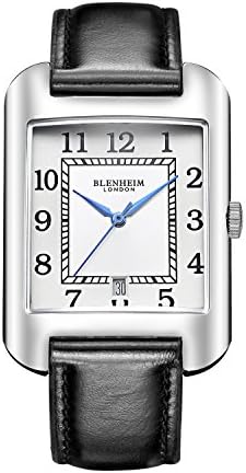 Blenheim London® B3180 Curve Watch White Arabic Numeral with Blue Hands with Black Leather Strap