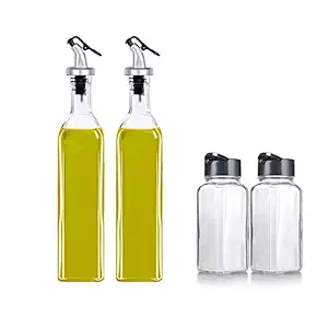 Kri N Sha Glass Oil Dispenser 500 ml Set of 2, 120 ml Spice Jar Set of 2, Olive Oil & Vinegar Storage, Oil Bottle, Oil Dispenser for Kitchen, Condiment Spice Jar, (Transparent, Pack of 4)